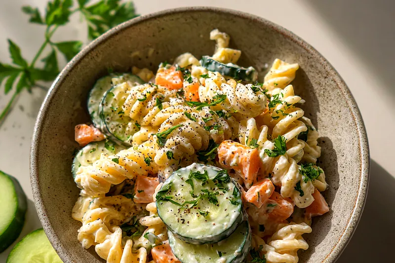 Fresh ingredients for Creamy Cucumber Pasta Salad
