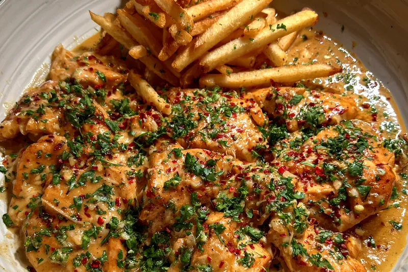 A pan of Creamy Garlic Chicken Delight simmering on the stove, showcasing the creamy sauce and golden chicken pieces.
