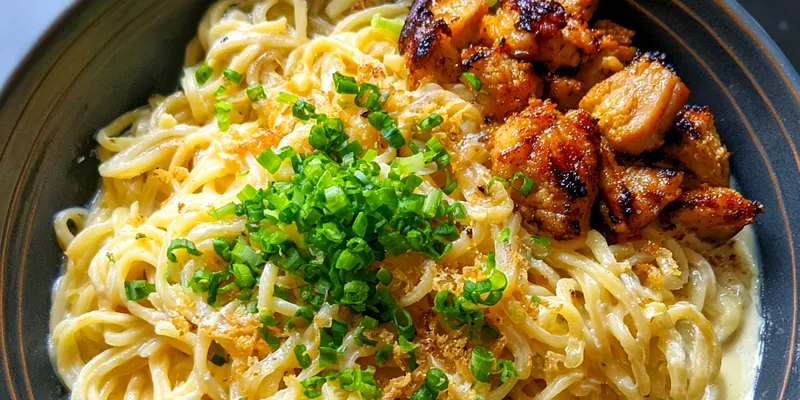 Delicious Creamy Garlic Chicken Noodles served on a plate