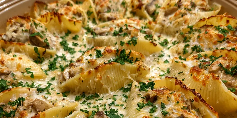 A beautifully plated serving of creamy garlic mushroom shells garnished with fresh parsley on a rustic wooden table.