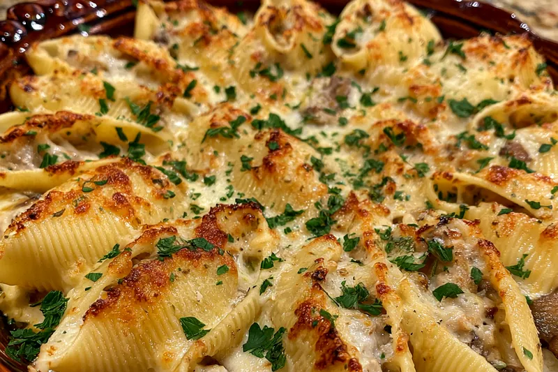 An array of fresh ingredients laid out for Creamy Garlic Mushroom Shells including mushrooms, garlic, and shells pasta.