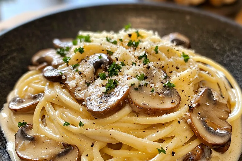 A chef stirring the creamy sauce in a skillet filled with mushrooms and pasta.