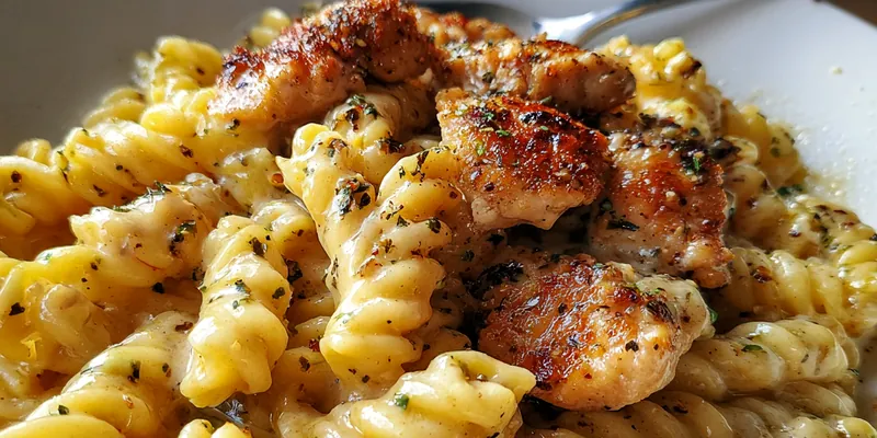 Delicious Creamy Herb Chicken Pasta served on a plate