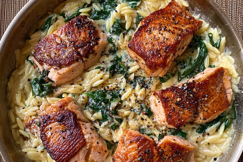 Cooking process for Creamy One Pan Salmon Orzo with Spinach, showing salmon nestled in orzo