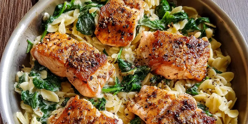 Delicious Creamy One Pan Salmon Orzo with Spinach served on a plate