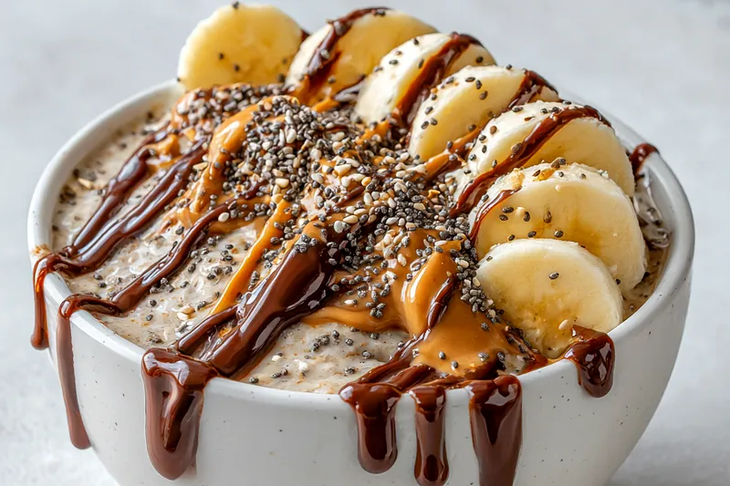 Ingredients for creamy peanut butter banana overnight oats laid out on a countertop.
