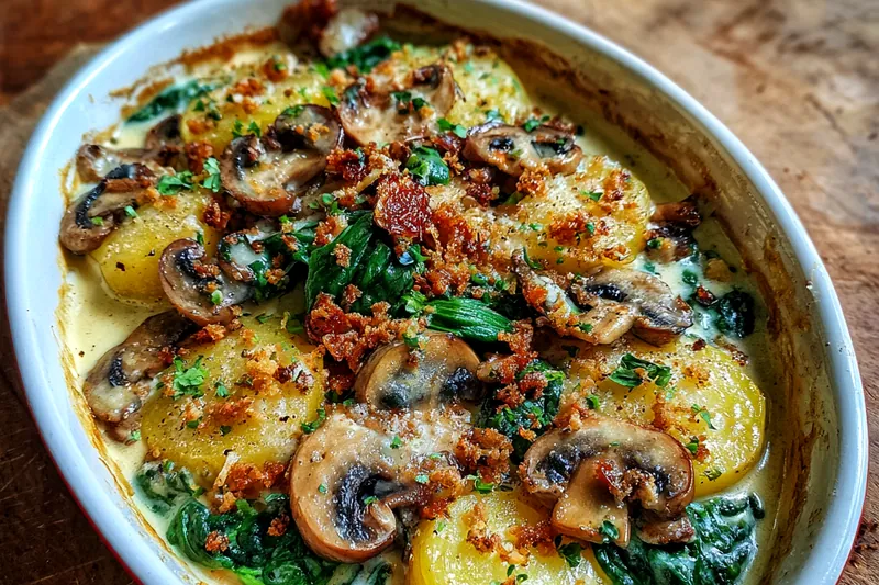 Fresh ingredients for Creamy Potato Mushroom Bake