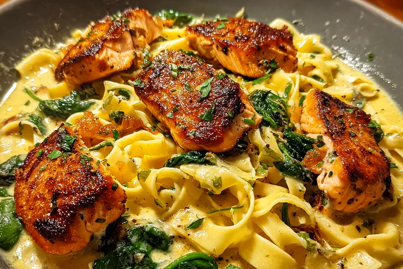 Cooking process for Creamy Salmon Florentine Pasta