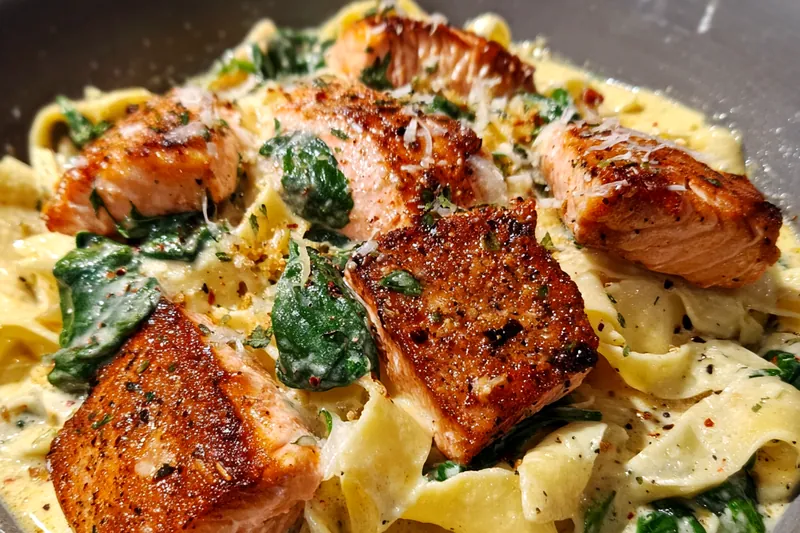 Fresh ingredients for Creamy Salmon Florentine Pasta
