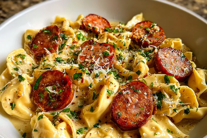 An assortment of ingredients for Creamy Tortellini and Sausage, including sausage, tortellini, and fresh spinach.