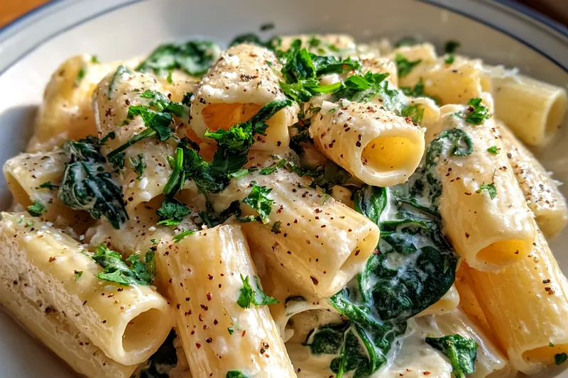 A step-by-step visualization of preparing Creamy Spinach Rigatoni, showcasing the creamy sauce and sautéed spinach.