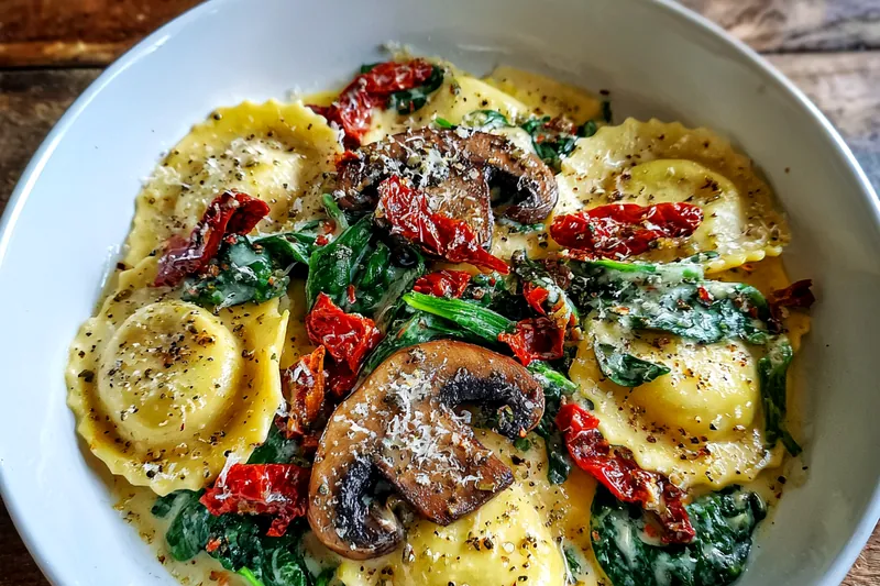 A chef stirring a creamy sauce over ravioli in a skillet.