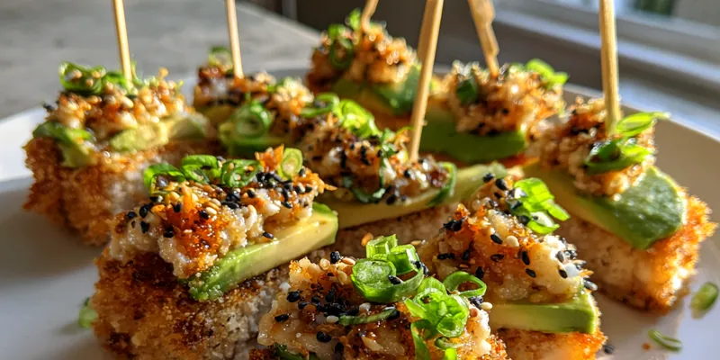 Delicious Crispy Avocado Salmon Bites served on a plate
