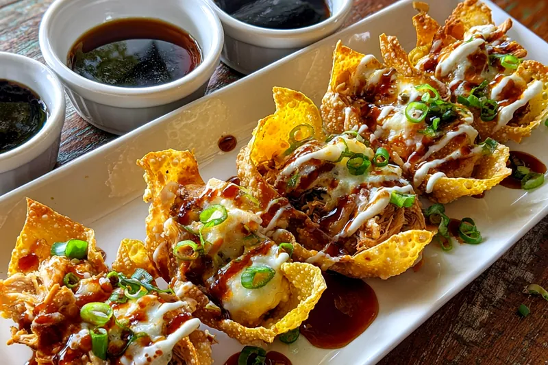 A frying pan sizzling with chicken pieces inside, showcasing the cooking process for Crispy Chicken Wonton Tacos.