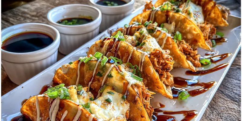 An appetizing display of Crispy Chicken Wonton Tacos garnished with fresh cilantro and served with dipping sauces.