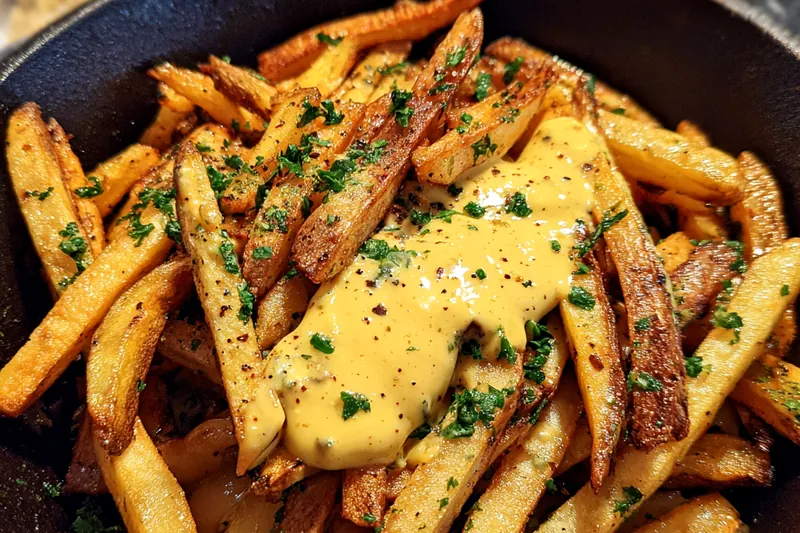Fresh ingredients for Crispy Fries with Garlic Aioli