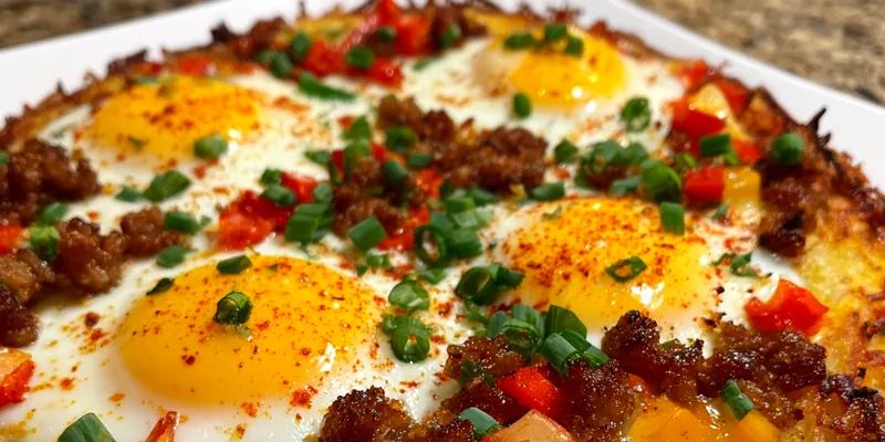 A delicious Savory Breakfast Pizza Delight topped with eggs, bacon, and colorful vegetables fresh out of the oven.