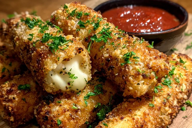 An array of ingredients for making crispy mozzarella cheese sticks displayed on a wooden countertop.