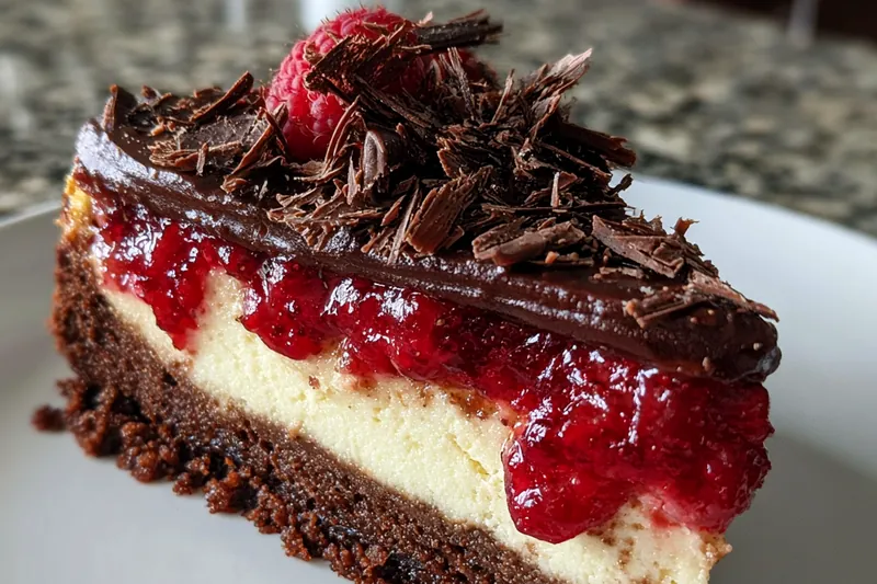 The cooking process of creating a luscious Indulgent Chocolate Raspberry Cheesecake with a smooth filling and a crunchy crust.