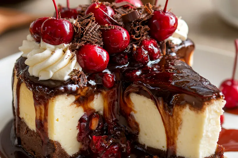 Process of making the Black Forest Cheesecake with ingredients and mixing bowls.