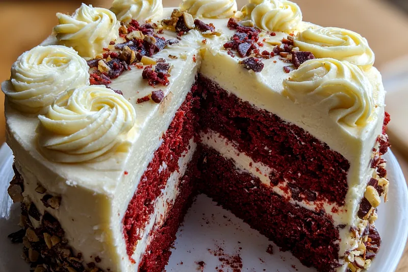 Baked Red Velvet Cheesecake cooling on a rack.