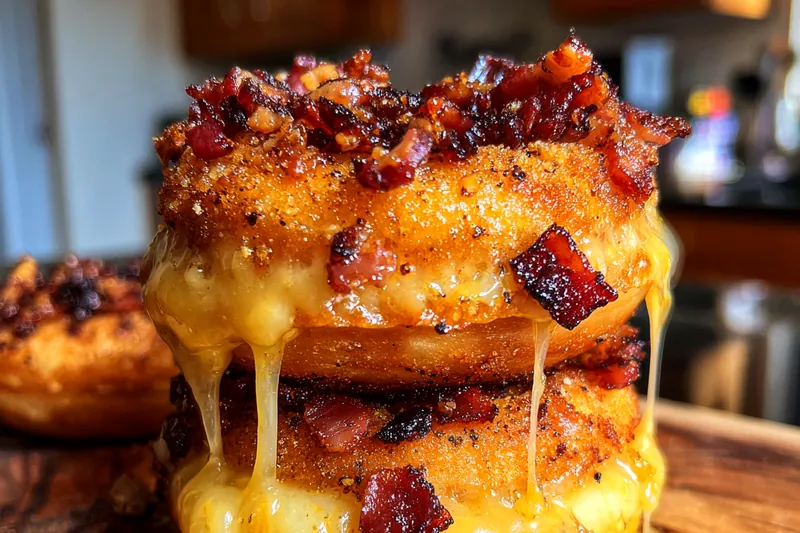 A vibrant display of ingredients for Indulgent Donut Grilled Cheese, including donuts, cheese, and bacon.