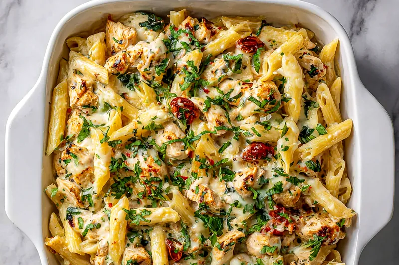 Cooking cheesy chicken mozzarella pasta in a skillet