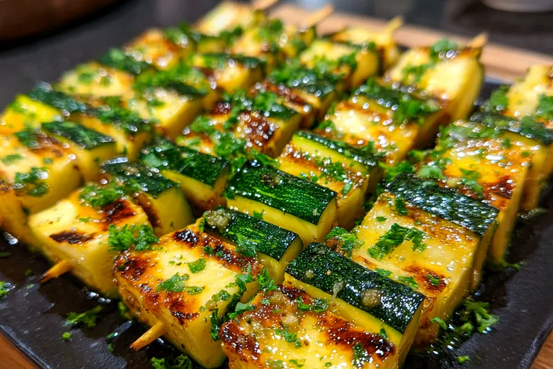 Chef grilling zucchini skewers over a hot barbecue, with vibrant char marks on the pieces.