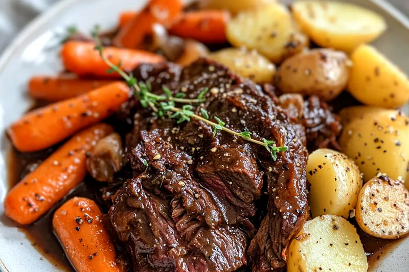 A selection of fresh ingredients for Easy Stracotto Italian Pot Roast arranged on a wooden table.