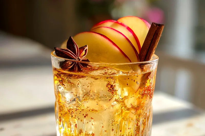 An array of ingredients for Autumn Spiced Bourbon Delight including bourbon, spices, and fresh fruit.