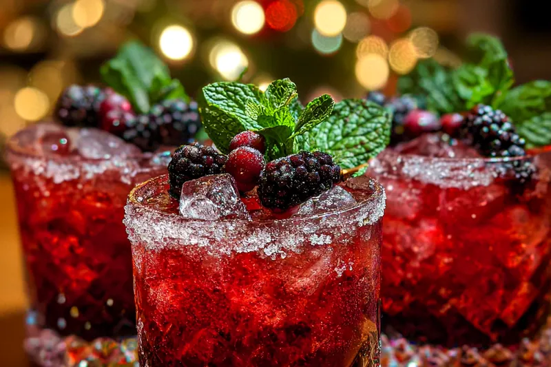 A beautifully prepared Festive Berry Mint Refresher in a glass with ice and mint garnishes.