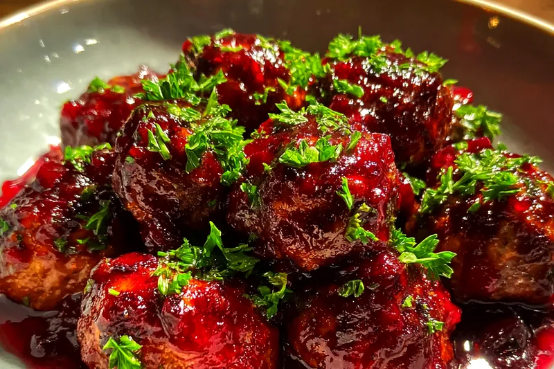 Cooking process of Festive Cranberry Meatballs in a skillet with sauce simmering.