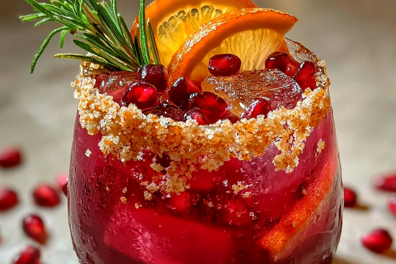 Fresh ingredients for Festive Cranberry Pomegranate Holiday Beverage with Spiced Sugar Rim