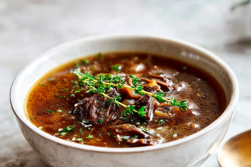 Cooking French Onion Beef Short Rib Soup in a large pot