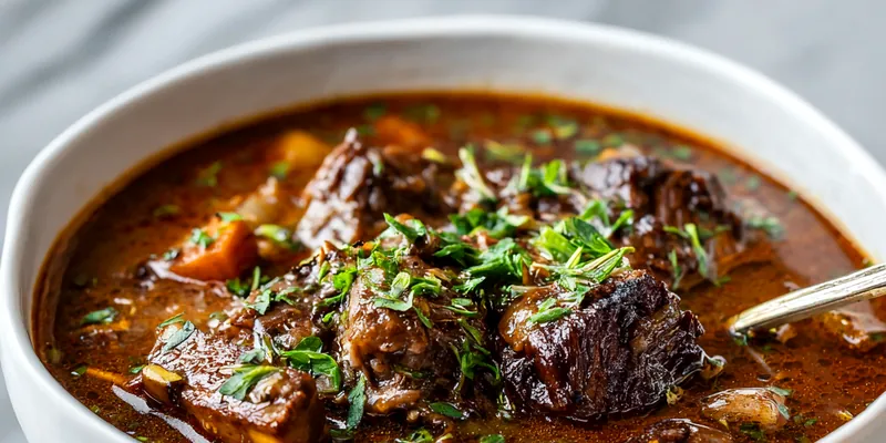 A bowl of French Onion Beef Short Rib Soup topped with melted cheese