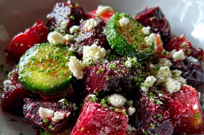 Fresh ingredients for Fresh Beetroot and Cucumber Salad with Feta