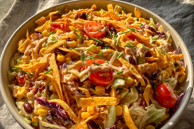 Chef cooking ground beef in a skillet for Hearty Frito Cowboy Salad, showcasing the delicious browning process.