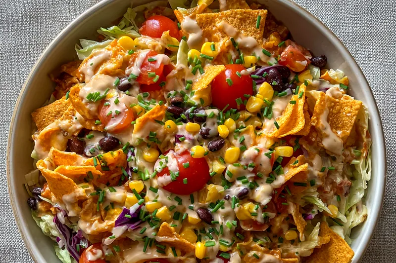 Colorful display of fresh ingredients for Hearty Frito Cowboy Salad, including lettuce, tomatoes, and Fritos.