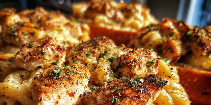 Delicious Garlic Chicken Pasta Bowls served on a plate