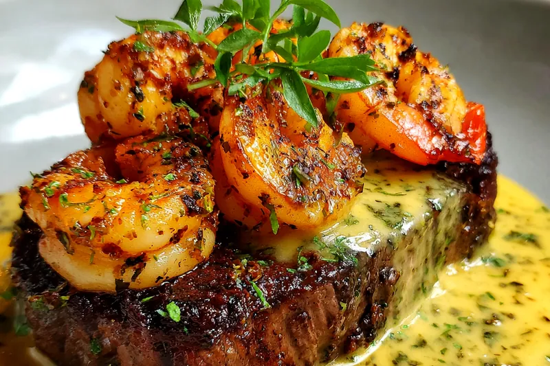 Cooking process for Garlic Herb Surf and Turf