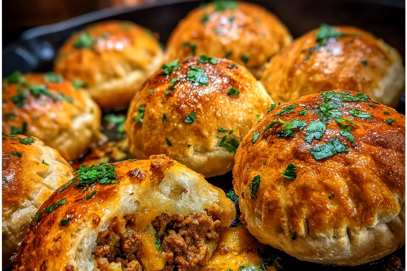 Crispy Savory Cheeseburger Bombs baking in the oven, ready to be enjoyed.