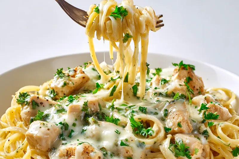 Chef cooking Garlic Parmesan Chicken Pasta in a skillet