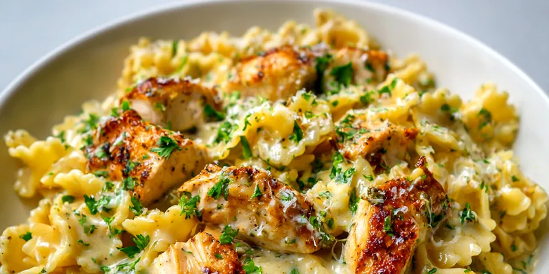 Delicious Garlic Parmesan Chicken Pasta served with herbs