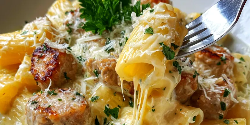 Delicious Garlic Sausage Alfredo Rigatoni served in a bowl.