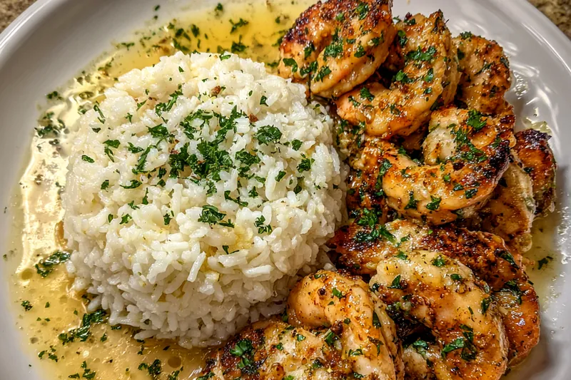 A skillet with shrimp cooking in garlic butter sauce, showcasing the vibrant colors of the dish as it comes together.