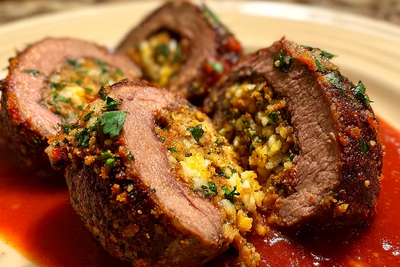 Chef cooking Savory Stuffed Beef Rolls in a skillet, showcasing the preparation process.