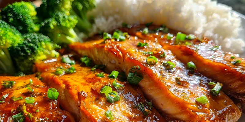 Delicious Glazed Salmon with Rice served on a plate
