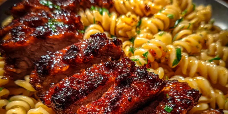 Delicious Glazed Steak with Rotini Pasta served on a plate