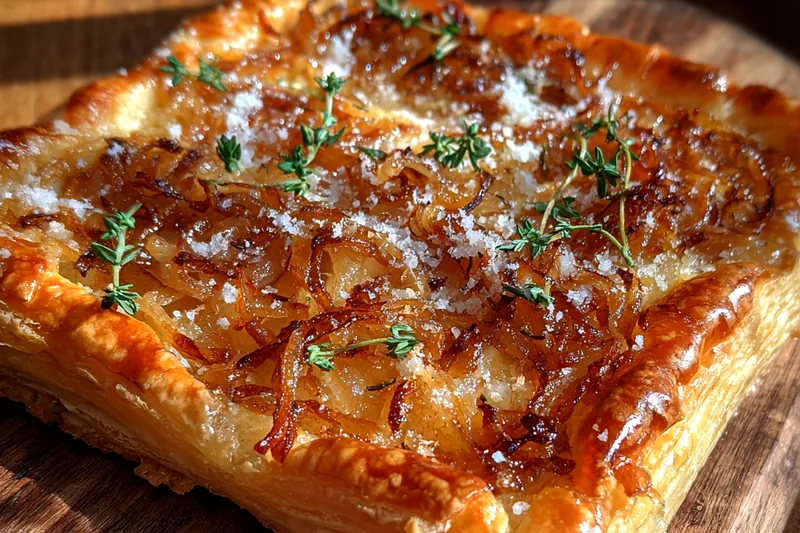 Chef Mitchell stirring caramelized onions in a skillet for the Savory Caramelized Onion Tart.