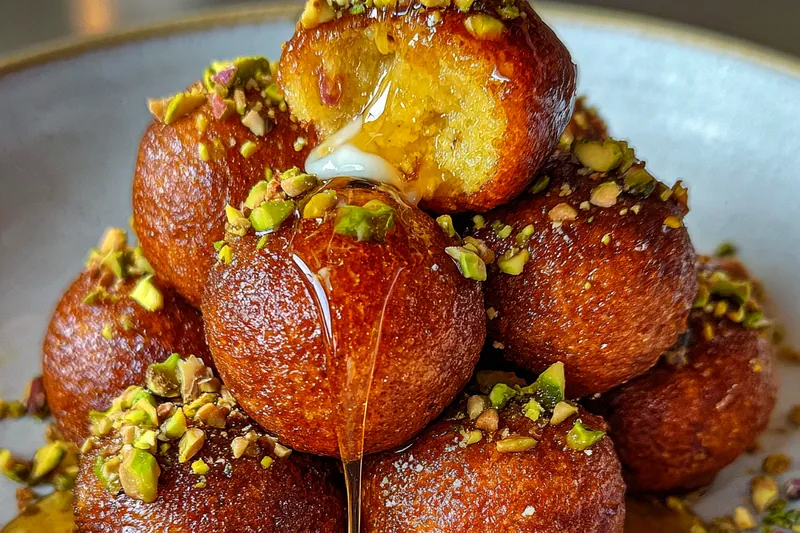 An assortment of ingredients for Golden Pistachio Honey Balls laid out on a countertop.